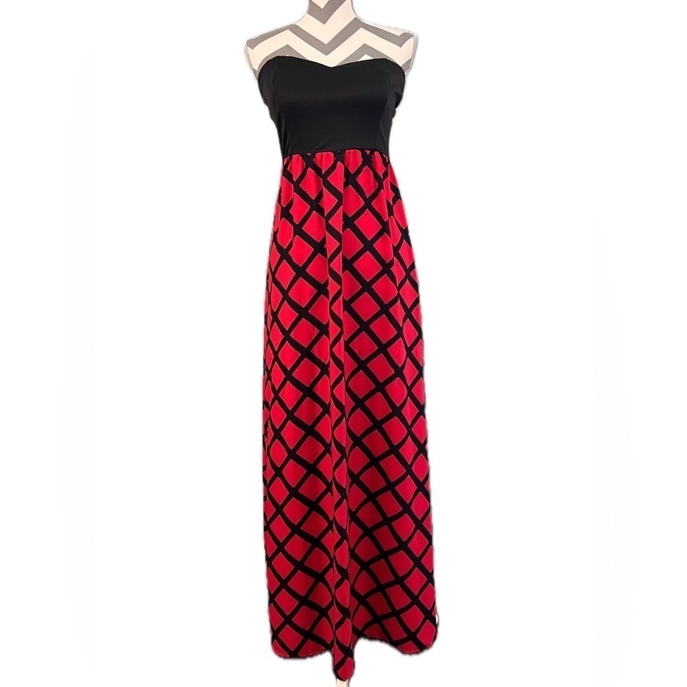 Fascination Red & Black Trellis Print Strapless Maxi Dress - Size M